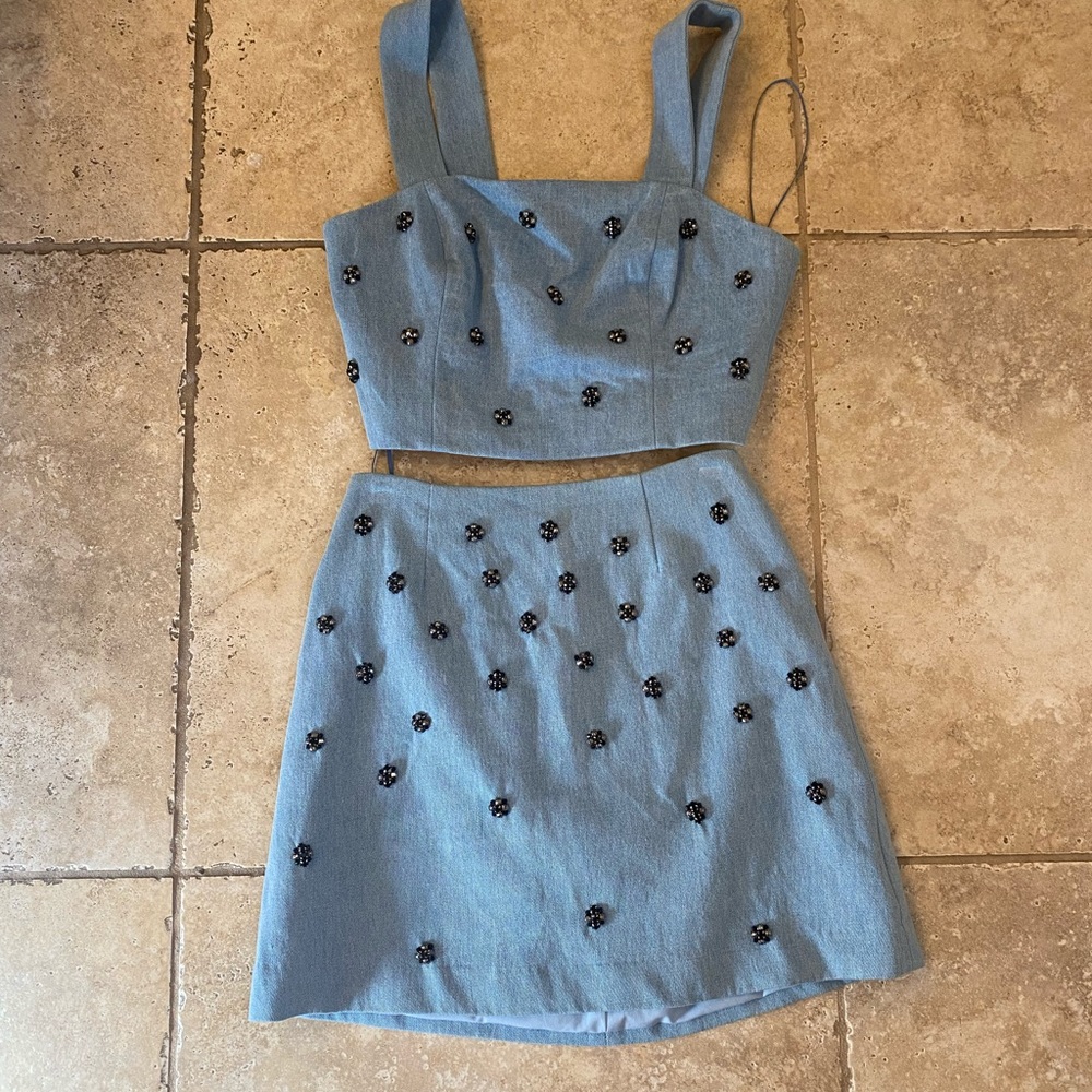 2 piece denim decoy Jean set with beaded flowers